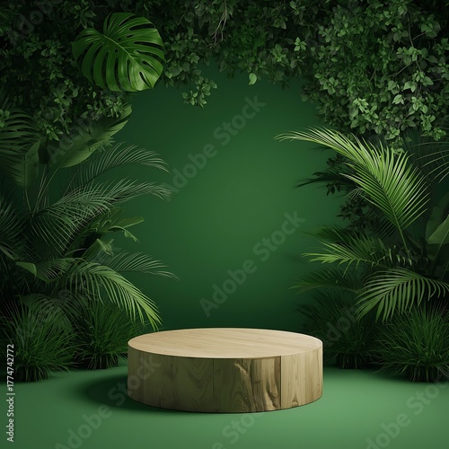 Wooden podium surrounded by lush tropical foliage backdrop