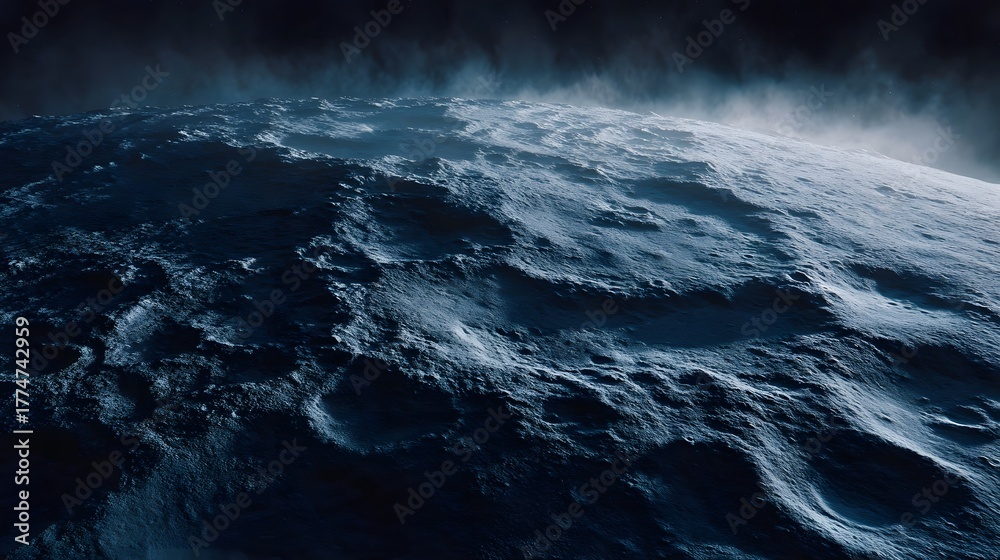 Fototapeta premium Cratered alien planet surface with atmospheric dust under a dark sky