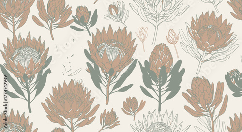 A seamless pattern of King Protea flowers in muted terracotta and sage green tones on a cream background.