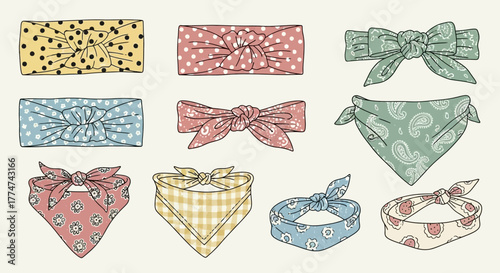 Collection of various headbands and bandanas in different colors and patterns, illustrated.