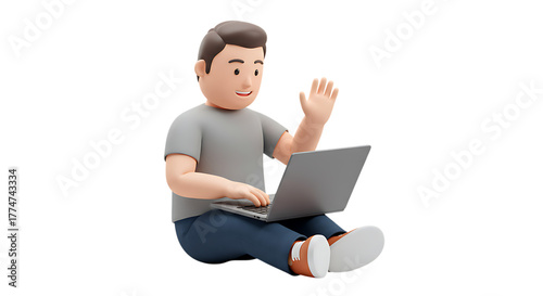 3d icon of 3d cartoon man sitting and typing on laptop isolated on transparent background