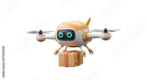 3d icon of cute futuristic drone delivering a package, isolated on transparent background