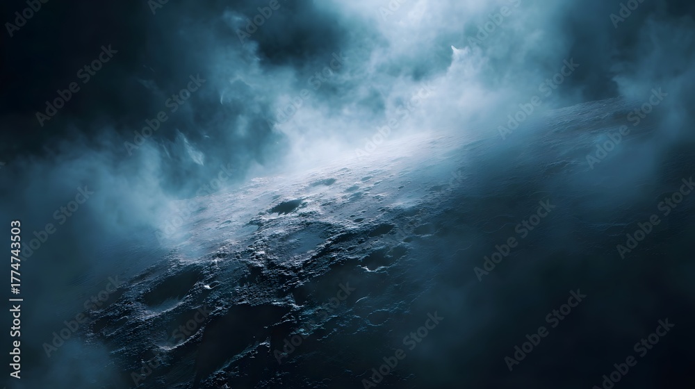 Fototapeta premium A desolate cratered celestial body shrouded in atmospheric haze under dramatic lighting