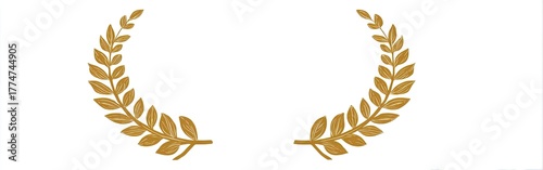 A golden laurel wreath icon on a white background. Two halves of branches form a circle