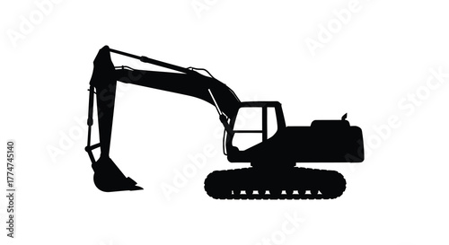 Silhouette of a heavy duty construction excavator with a long boom and bucket on a white background