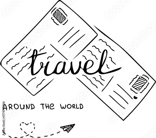 Explore the World Travel-themed doodle with postcards and handwritten lettering for adventure and wanderlust