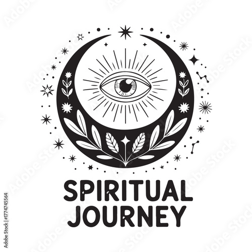 All seeing eye within crescent moon surrounded by stars and text