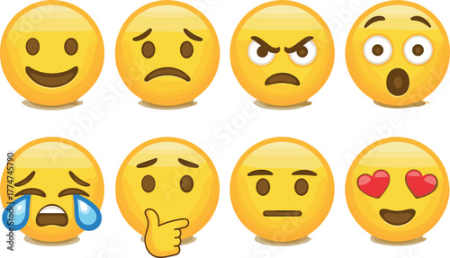 Set of eight expressive yellow emoji faces showing various emotions including happy, sad, angry, surprised, crying, thinking, neutral, and love