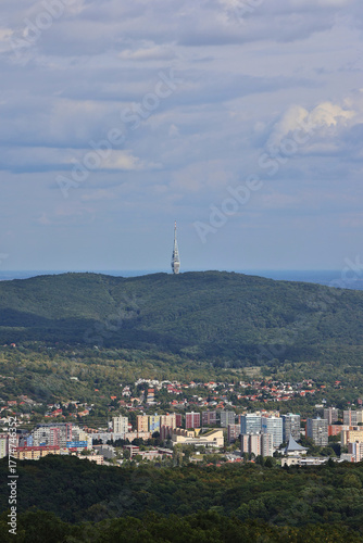 Photography Panoramic view from Devínska Kobyla Observation Tower over Dúbravka toward the L
