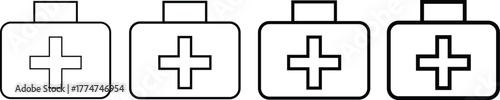First aid box icon set. medical equipment. health care element. hospital briefcase sign. accidents and disasters
