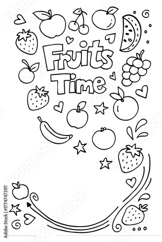 Doodles of various fruit collections. healthy food sketches black and white illustrations. Natural tropical fruit, doodles citrus orange and vitamin lemon.