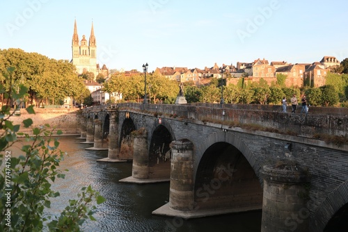 Panorama sur la ville d’Angers, dans le Maine-et-Loire / région Pays de la Loire, vue sur le pont de Verdun sur le fleuve de la Maine, avec la cathédrale Saint-Maurice d’Angers au loin (France)