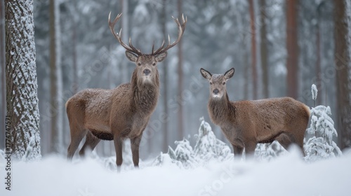 Wallpaper Mural Majestic Stag and Doe Stand Proud Amidst a Snow-Covered Winter Forest Landscape Torontodigital.ca