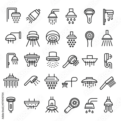 Modern shower heads icon set for bathroom and hygiene design projects.