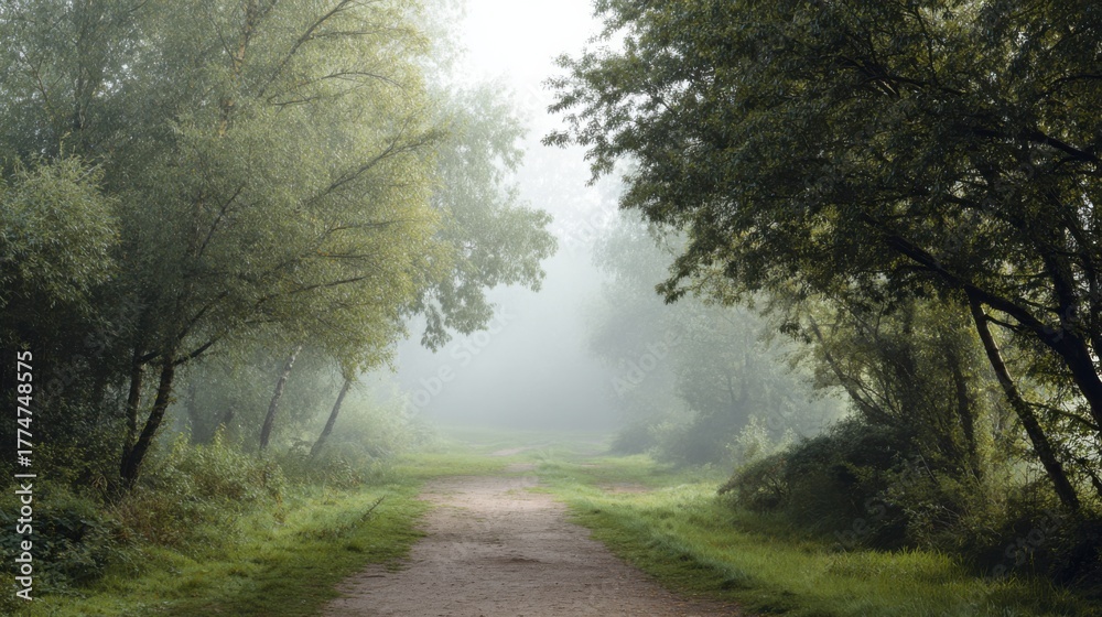 Obraz premium Pathway Through Misty Forest With Lush Greenery. Serene Nature Walk In Tranquil Woodland
