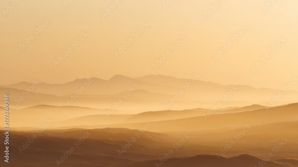 Fototapeta premium Desert Landscape With Sand Dunes And Mountains At Sunrise. Tranquil And Serene Natural Scenery