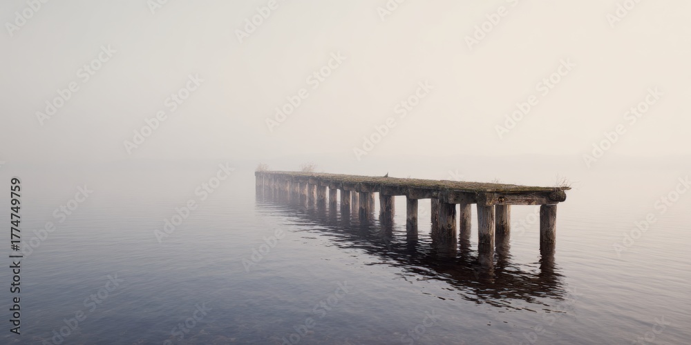 Obraz premium Old Wooden Pier Extending Into Misty Lake. Tranquil And Serene Atmosphere