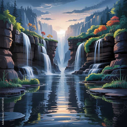 Majestic waterfall canyon with lush greenery and reflective water at sunrise