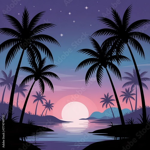 Silhouette of palm trees against a vibrant sunset over a tranquil ocean with a starry sky