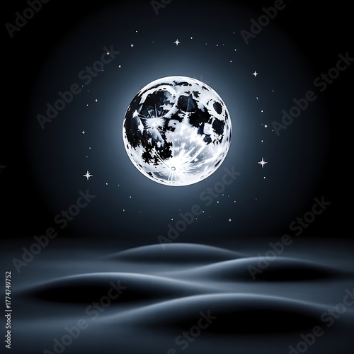 Mysterious full moon shining brightly over dark wavy landscape under starry night sky