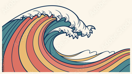 Retro wave illustration with vibrant colors evoking summer fun and ocean vibes