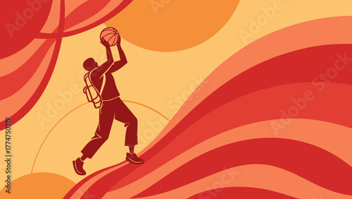 Dynamic basketball player with backpack leaping for slam dunk stylized background