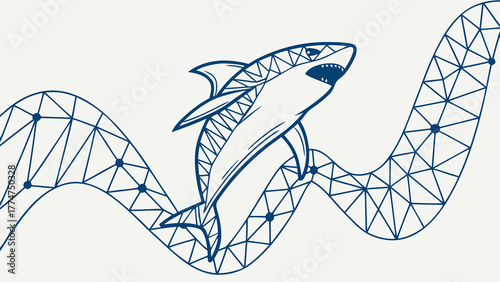 Dynamic shark illustration swimming through network, modern design, financial growth