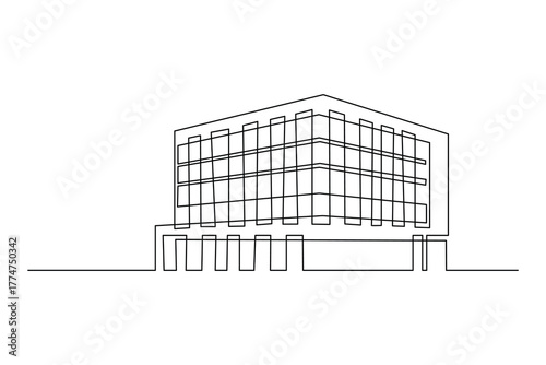 Corporate office building, continuous one line art isolated vector illustration