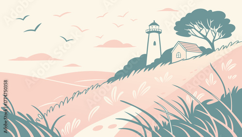 Peaceful coastal scene with lighthouse, cottage, and birds for travel inspiration