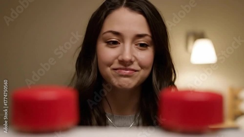 Woman Chooses Between Two Buttons