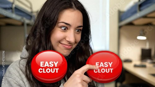 Woman Chooses Between Two Buttons