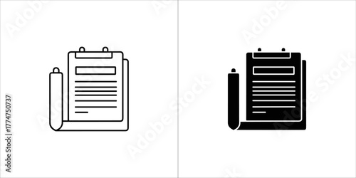 Document on clipboard icon set, black and white versions