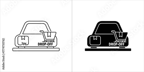 Car dropoff icon for package pickup, black and white outline and solid fill versions