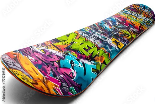 Vibrant snowboard with graffiti art for winter sports enthusiasts, showcasing urban style and adventure, perfect for extreme athletes and creative marketing campaigns