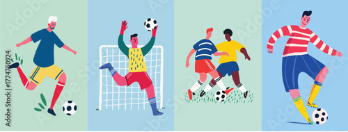 Hand drawn soccer players in action with footballs and colorful uniforms on blue background illustration