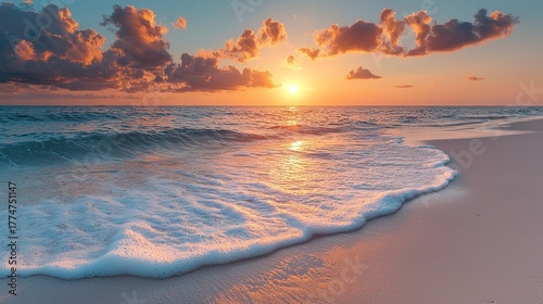 Warm Sunset Glow on Foamy Ocean Wave and Serene Sandy Beach