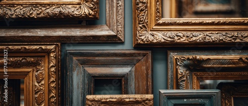 Ornate Vintage Picture Frames Collection Displayed on Textured Teal Wall