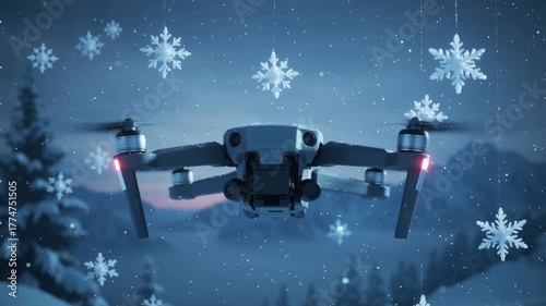 A silver drone hovers still as snowflakes freeze midair around it, captured in suspended time. cinematic macro shot.