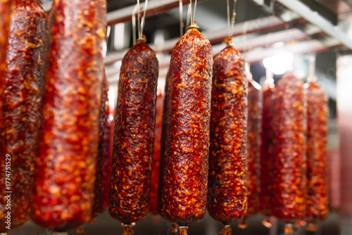 Smoked sausage production line in the factory