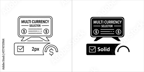Multi currency selector interface icon, showing currency options and selection