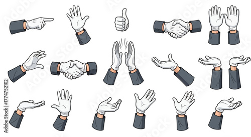 Collection of various hand gestures with white gloves, showing different actions and expressions.