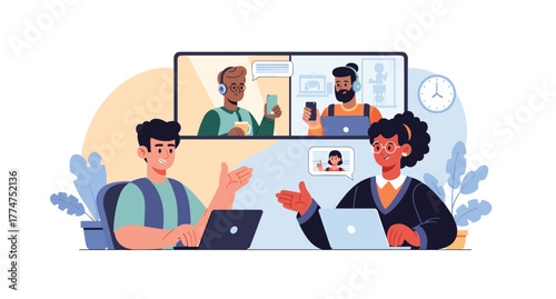 Diverse remote team video conferencing from home, using laptops and headsets, representing online communication, teamwork, and collaboration.