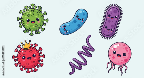 Cartoon illustration of various microbes, including viruses and bacteria, with cute facial expressions on a light blue background.