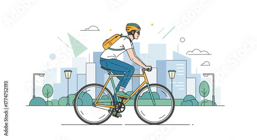 Vector illustration of a person with a backpack and helmet cycling through a modern city park.