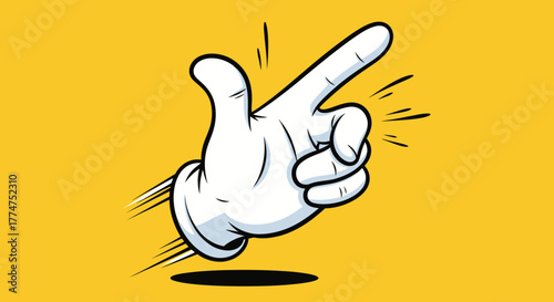 Cartoon hand snapping fingers with motion lines against a yellow background.