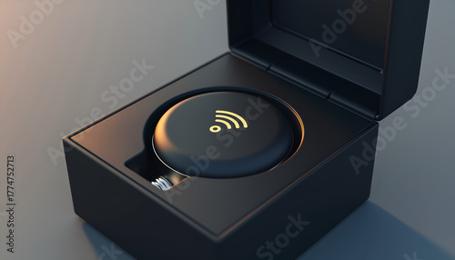 Wireless Device in Black Casing with Golden Accents Inside Square Box on Neutral Surface Under Soft Lighting