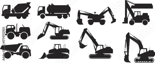 Heavy construction vehicle silhouette set, excavator, dump truck, bulldozer, cement mixer, loader, industrial machinery vector illustration for engineering design