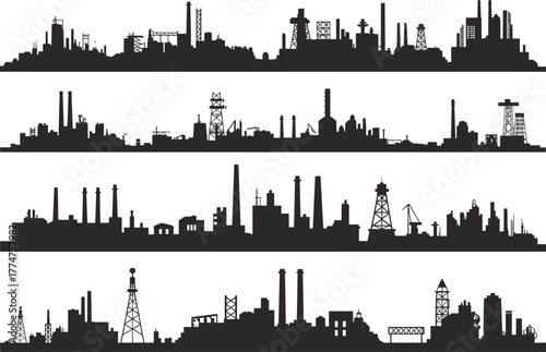 Industrial factory skyline silhouette set, oil refinery illustration, manufacturing plant vector, power industry landscape, black silhouette design template collection