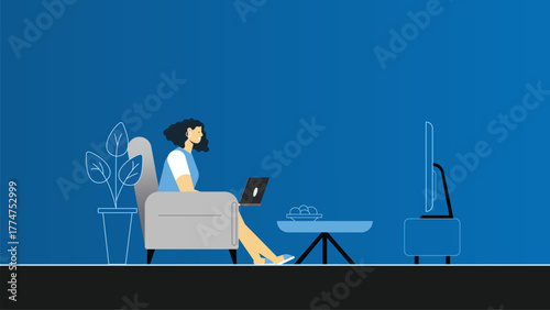 Woman working remotely on laptop while watching TV in modern minimalist interior