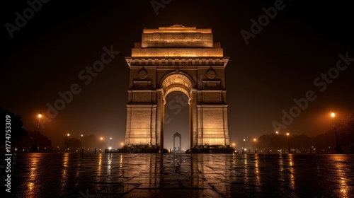 Golden Illumination of India Gate on a Foggy Night with Wet Pavement Reflections